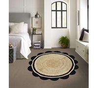 Aizza Trends Handmade Braided 9 Ft Round Black & Natural Jute Premium Scalloped Jute Rug, Vintage Scalloped Rug for Living Room, Bedroom, Kitchen, Entryway & Hallway