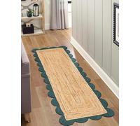 Aizza Trends Handmade Braided Natural Jute with Green Border Scalloped Area Rug 2 x 7 Feet (61 cm x 213 cm), for Living Room, Bedroom, Dining Room, Hallways & Entryways