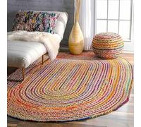 Aizza Trends Handmade Braided Natural Jute with Multi Cotton Area Rug 2.3 x 4 Feet Oval (69 cm x 122 cm), for Living Room, Bedroom, Dining Room, Hallways & Entryways