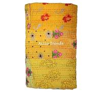 Aizza Trends Handmade Cotton Kantha Quilt - Vintage Patchwork Throw Blanket - Indian Embroidered Bohemian Bedding -Yellow-Single 60" x 90"