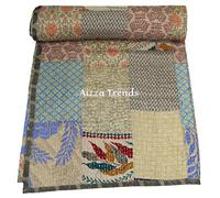 Aizza Trends Handmade Pure Cotton Patch and Patola Work Kantha Quilt - Traditional Indian Throw Blanket-Vintage Cotton Silk Saree Quilt Hand Stitch Gudri-King 108" x 108"