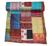 Aizza Trends Handmade Pure Cotton Patch and Patola Work Kantha Quilt - Traditional Indian Throw Blanket-Vintage Cotton Silk Saree Quilt Hand Stitch Gudri-Double 90" x 108"