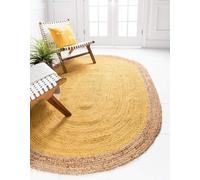 Aizza Trends Indian Handmade Braided Inner Yellow Natural Jute Area Rug- Jute Rug- Dining Room- Living Room- Doormat Rug Size - 2 x 3 Feet Oval (60 cm x 90 cm)