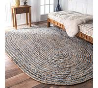 Aizza Trends Indian Handmade Braided Jute with Denim Cotton Area Rug-Floor Carpet -Bed Side Runner Rug-Home Decor Center Table Carpet - 2.3 x 4 Feet Oval (69 cm x 120 cm)