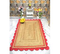 Aizza Trends Indian Handmade Braided Jute with Red Scalloped Design Area Rug-Floor Carpet Rug-Bed Side Runner Rug- - 2 x 2 Feet Square (60 cm x 60 cm)
