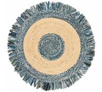 Aizza Trends Indian Handmade Braided Natural Jute, Denim with Blue Cotton Jhalar Round Rug (7' Round), for Living Room, Bedroom, Dining Room