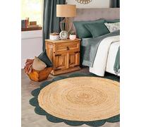 Aizza Trends Indian Handmade Braided Natural Jute with Black Scalloped Design Area Rug, Jute Rug, Bedroom, Guestroom, Living Room -2 x 2 Feet Round (60 cm x 60 cm)