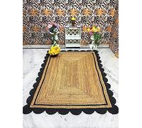 Aizza Trends Indian Handmade Braided Natural Jute with Black Scalloped Design Area Rug- Jute Rug-for Dining Room- Living Room Size - 2 x 3 Feet (60 cm x 90 cm)