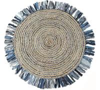 Aizza Trends Indian Handmade Braided Natural Jute with Denim Jute Line Jhalar Round Rug (7' Round), for Living Room, Bedroom, Dining Room