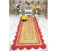 Aizza Trends Indian Handmade Braided Natural Jute with Red Scalloped Design Area Rug- Jute Rug- Dining Room- Living Room- Doormat Rug Size - 2 x 5 Feet (60 cm x 150 cm)