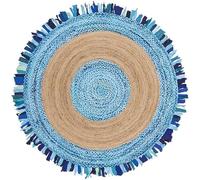 Aizza Trends Indian Handmade Braided Natural Jute with Sky Blue Cotton Jhalar Round Rug (7' Round), for Living Room, Bedroom, Dining Room