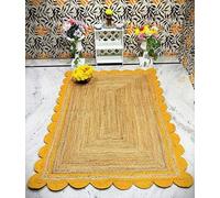 Aizza Trends Indian Handmade Braided Natural Jute with Yellow Scalloped Design Area Rug- Jute Rug- Dining Room- Living Room- Doormat Rug Size - 3 x 5 Feet (90 cm x 150 cm)