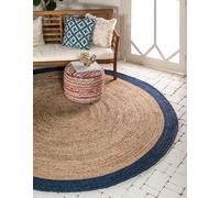 Aizza Trends Indian Handmade Braided Navy Blue Border with Inner Jute Area Rug-Floor Carpet -Bed Side Runner Rug-Home Decor Center Table Carpet - 3 x 3 Feet Round (90 cm x 90 cm)