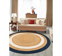 Aizza Trends Indian Handmade Braided Navy Blue & White Boder Natural Jute Round Floor Area Rug, Jute Rug, Bedroom, Jute Area Rug for Living Room - 5 x 5 Feet Round (150 cm x 150 cm)