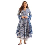 Aizza Trends Women's Cotton Febric Hand Block Print Kurti With Pant and Dupatta Set, Blue, XXL