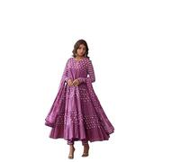 Aizza Trends Women's Cotton Febric Printed Long Sleeves Anarkali Kurti Pant With Dupatta Set, Pink, Medium