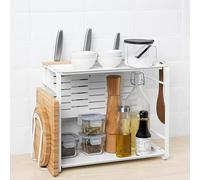 AJ 2 Tier AVSTEG Kitchen Spice Racks countertop organiser Shelves, Cupboard Organiser, Countertop, Small, Stackable, Tabletop Storage, Shoe Rack bamboo/white, Make Up Kit 40x21 cm