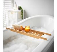 AJ Bath Shelf Over Top Bath, Premium Quality Bamboo Bath Caddy Tray, Wooden Bath Table Organiser for Candles, Wine Glass, Books, Natural Romantic Feel Love