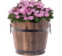AJ Rustic Wooden Solid Burntwood Barrel Pot Planter, Outdoor Large Flower Pot, Round Box, Hand Crafted, 38 x 30cm
