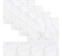 AJ Set Of 8 Marble Effect Glass Coaster And Placemat - Table Mats For Kitchen Dining Table - Cork Backed Placemats and Coasters Set 8 - Stain Resistant Laminate Finish