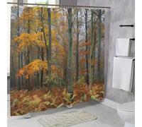 AJALGZ Autumn Forest Bath Curtain Woodland Scene with Tall Slender Tree Golden Yellow Leaves, Misty Fog & Rust-Colored Fern(80x210cm/Autumn Decor)