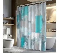 AJALGZ Extra Long Modern Abstract Shower Curtain Textured Gray Turquoise Brushstrokes & Turquoise/White/Beige Squares Bath Curtain(255x190cm/Autumn Decor)