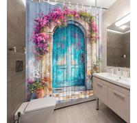 AJALGZ Mediterranean Style Shower Curtain with Turquoise Blue Wooden Door & Bougainvillea Vine Design Polyester Bath Screen(195x170cm/Mould Proof)