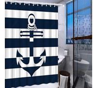 AJALGZ Nautical Anchor Shower Curtain Dark Blue & White Striped Maritime Bath Curtain with Stylized Anchor & Rope Design(230x190cm/Extra Wide)