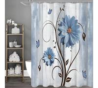 AJALGZ Rustic Farmhouse Shower Curtain Blue Daisies and Butterflies on Waterproof Fabric Vintage Bathtub Decor(140x220cm/Waterproof)