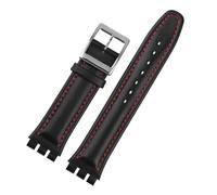 AJASMKLX Leather Bracelet Fit For Swatch Strap Plain Watch band 17mm 19mm Wrist Strap Women Men watch belt Accessories(Black Redline silver,17mm)