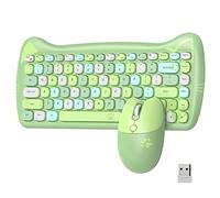 AJAZZ A3060 - Cute Cat Colorful Green PC Wireless Keyboard and Mouse Set USB, Retro Typewriter Round Key caps 65 percent, Small Cordless Aesthetic Mouse, Compatible Mac Laptop Computer for office game