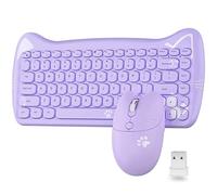 AJAZZ A3060 - Cute Cat Purple PC USB Wireless Keyboard and Mouse Set, 84 Keys Retro Typewriter Round Keycaps 65 percent, Small Cordless Aesthetic Mouse, Compatible Mac Laptop Computer for office game