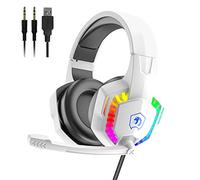 AJAZZ PC Headset, Gaming Headphones with Mic, Usb Gaming Headset Ps4, Backlit LED Headset 3D Surround Sound Noise Canceling Mic, RGB Wired Deep Bass Headset, for PS5, Laptop, Nintendo Switch (White)