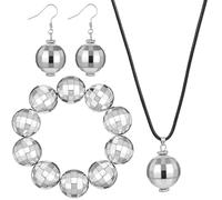 Ajcotahm 3 Pcs Disco Ball Costume Set - Earrings Necklace Bracelet, Bling Silver Disco Accessories for Women Retro Last Bachelorette 70s 80s 90s Theme Party