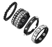 Ajcotahm 4 PCS Studded Bracelet, Punk Rock Bracelets, Emo Spike Bracelets Leather Snap Button Metal 80s Wristband Cuff Wrap Bangle Adjustable for Men Women Rocker Outfits Accessories