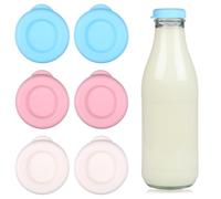 Ajcotahm 6 Pack Silicone Milk Bottle Caps, 48mm Diameter Glass Bottle Replacement Caps, Reusable Airtight Lids Fit Stanpac, Libbey, Stock Your Home, The Dairy Shoppe (Blue, Pink, Beige)