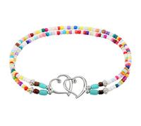 Ajcotahm Beaded Ankle Bracelets for Women, Double Heart Layered Boho Anklets Waterproof Elastic Handmade Beads Foot Jewelry for Summer Beach