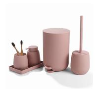 AJEUNGAIN 5 Pieces Pink Bathroom Accessories Set, Modern Bathroom Sets Organizer include Bathroom Bin and Toilet Brush Set, Soap Dispenser and Toothbrush Holder Set, Vanity Tray (Pink)