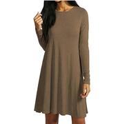 AJFASHION Women Long Sleeve Swing Dress Ladies Casual Flared A Line Skater Dress Top Size Mocha 12/14