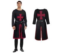 AJGEGJE Medieval Knight Costume Men, Renaissance Crusader Tunic with Belt, Warrior Robe Costume for Carnival Viking Cosplay (Black, L)