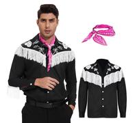 AJGEGJE Men Cowboy Costume, Western Long Sleeve Fringe Shirt with Scarf & Hat for Halloween Cosplay (3XL)