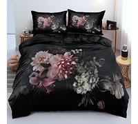 AJIGEN King Size Bedding Sets Black Large Floral 230x220cm - Easy Microfiber King Size Duvet Cover Sets Cooling With 2 Pillowcases 50x75cm - 3d Pattern Duvet Cover Super Quality