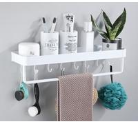 AJINGELA Wall Mounted Floating Metal Storage Rack,White Bathroom Shelves Space Saving Rustproof Extra Strong Floating Storage Rack with 10 Hooks&Towel Bar(60CM)