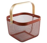 AJIODA Metal Mesh Steel Basket, Storage Organizer Basket Multi-functional Hanging Kitchen Baskets Fruit Basket Bin with Bamboo Handle for Kitchen Bathroom Picnic Shopping Decor Cabinet Home, Red
