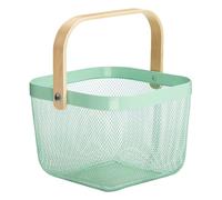 AJIODA Metal Mesh Steel Basket, Storage Organizer Basket Multi-functional Hanging Kitchen Baskets Fruit Basket with Wooden Handle for Kitchen Bathroom Picnic Shopping Decor Cabinet Home, Macaron Blue
