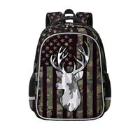 Ajiusmm American Flag Backpack for Boys Camo Deer Travel Back Pack Waterproof Kids BookBag for Elementary Middle School, White, M, Camo Deer