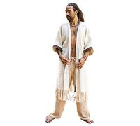 AJJAYA BUNTU Beige Kimono Robe Handmade Tribal African Patterns Natural Textured Cotton Shamanic Ceremony Ritual Festival Boho Gypsy