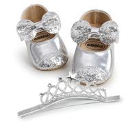 AJMDGW Baby Girls Sequin Glitter Shoes Soft Sole Prewalker Princess Party Dress Crib with Bowknot Headband(H Sequin Silver,0-3 Months)