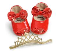 AJMDGW Baby Girls Sequin Glitter Shoes Soft Sole Prewalker Princess Party Dress Crib with Bowknot Headband(H Sequin Red,12-18 Months)