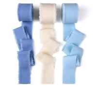 AJMDGW Cotton Linen Ribbon 1.5" x 7Yds Golden Yellow Boho Vintage Rustic Ribbon Handmade Fringe Frayed Cloth Fabric Ribbon for Gift Wrapping Wedding Invitations Bridal Bouquets DIY Crafts(Blue+Ivory)